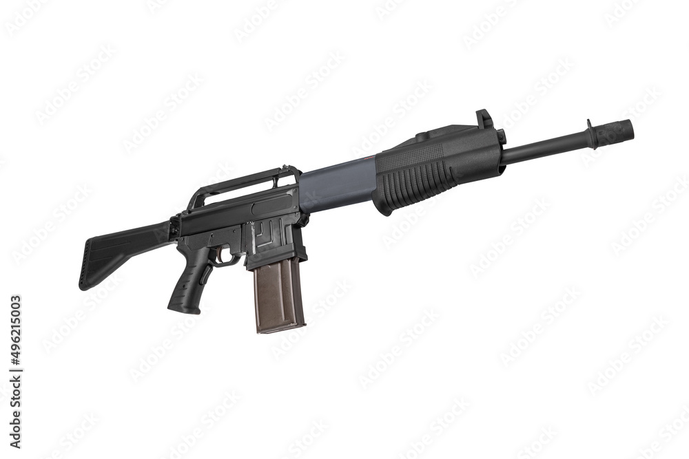 Modern semi-automatic shotgun. Weapons for sports and hunting. Armament of the police, army and special forces. Isolate on a white background. Modern semi-automatic shotgun. Weapons for sports and hunting. Armament of the police, army and special forces. Isolate on a white background.