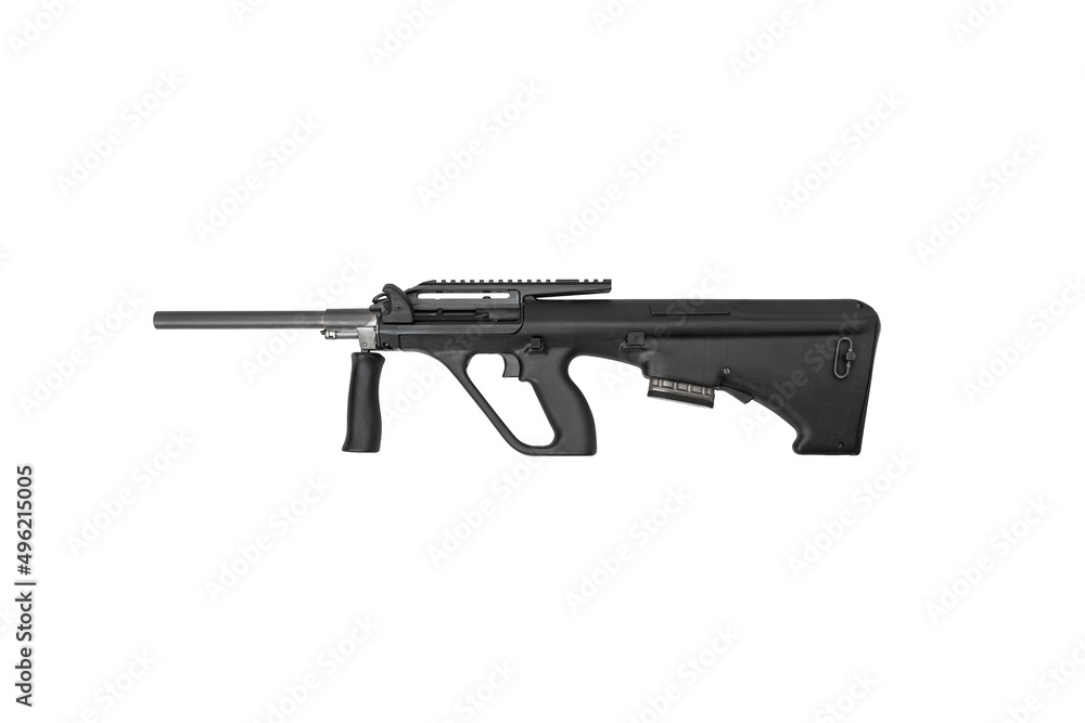 Modern automatic rifle isolated on white background. Weapons for police, special forces and the army. Automatic bullpup carbine. Assault rifle on white.