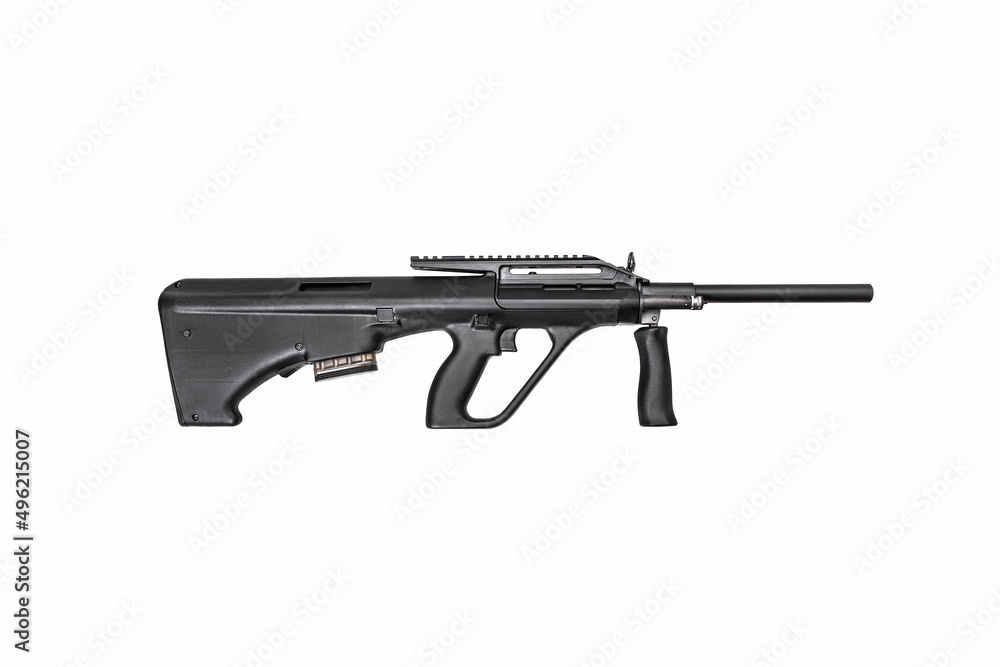 Modern automatic rifle isolated on white background. Weapons for police, special forces and the army. Automatic bullpup carbine. Assault rifle on white. Modern automatic rifle isolated on white background. Weapons for police, special forces and the army. Automatic bullpup carbine. Assault rifle on white.