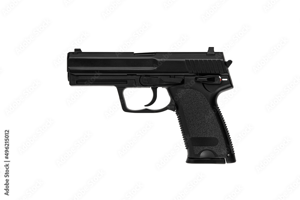 Air gun. Modern pneumatic weapon for air soft, sports and entertainment. A dummy, a copy of a real pistol. Isolate on a white back Air gun. Modern pneumatic weapon for air soft, sports and entertainment. A dummy, a copy of a real pistol. Isolate on a white back