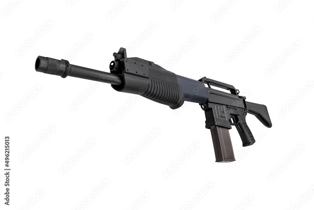 Modern semi-automatic shotgun. Weapons for sports and hunting. Armament of the police, army and special forces. Isolate on a white background.