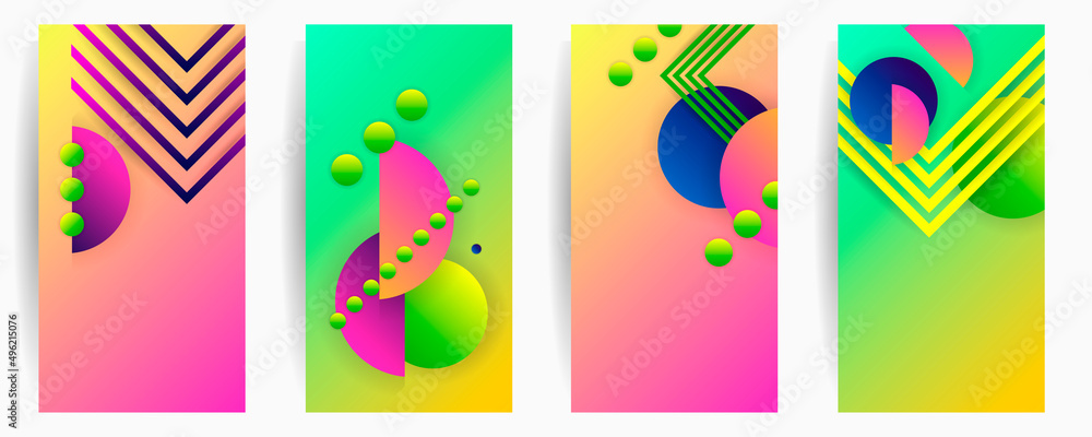 Set Abstract Summer bright disco party festive Bauhaus geometric pattern background, vector lines color art design. Colorful pattern background
