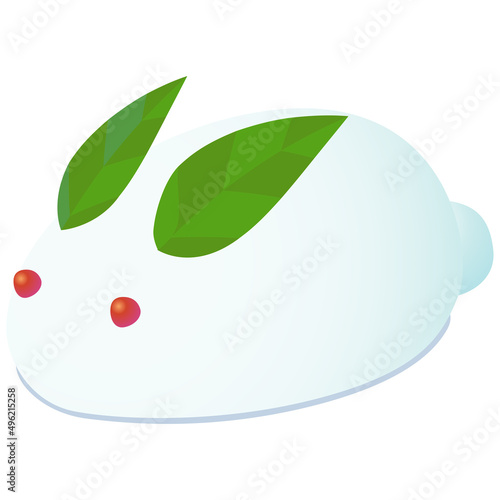 冬らしい雪うさぎのベクターイラストカット 雪と植物の葉と実でできたうさぎの形の雪だるま