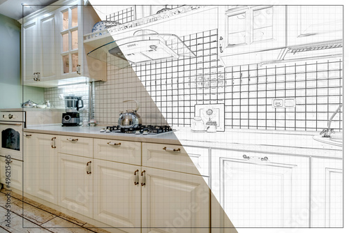 split screen of drawing and photo of interior of modern kitchen in flat apartment from idea to implementation of the finished product