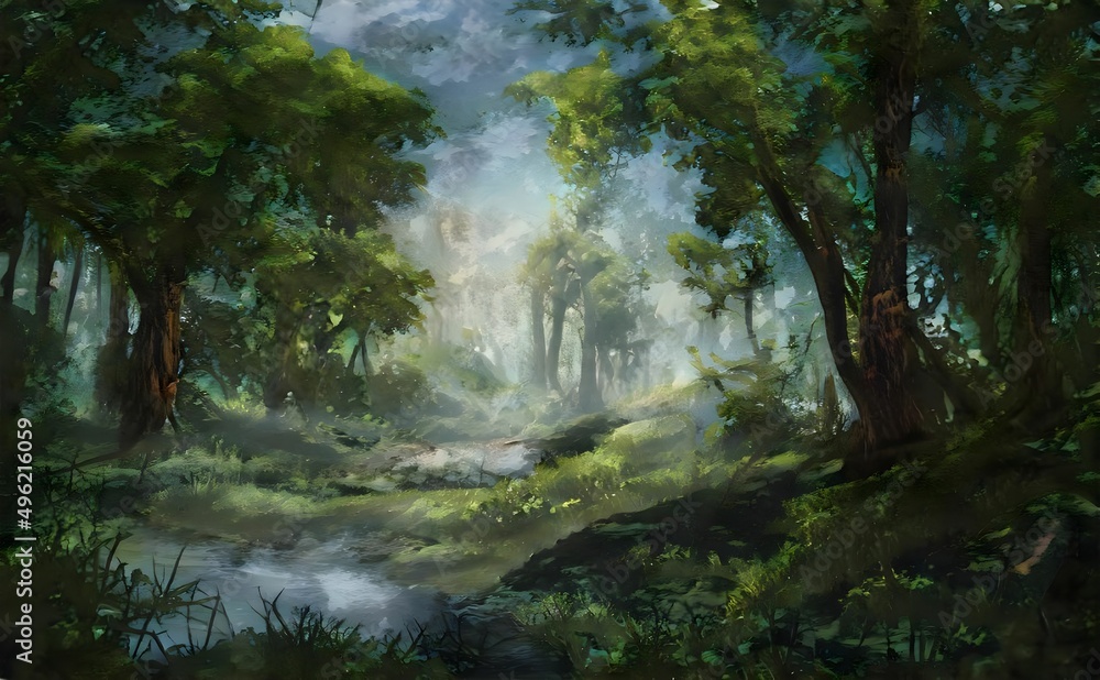 Fototapeta premium an oil painting shows an image of forest