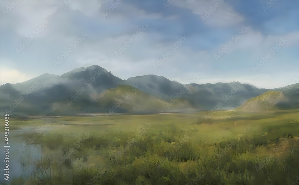 a painting of a green field and a mountain range in the distance