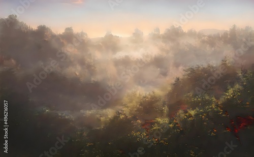a forest covered in fog over a valley