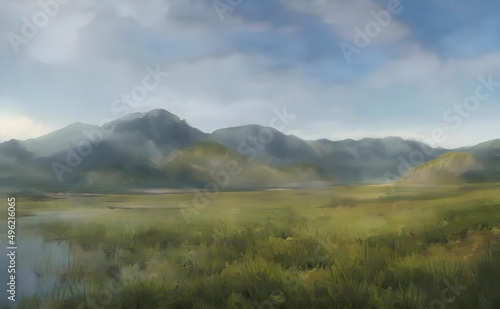 a painting of a green field and a mountain range in the distance