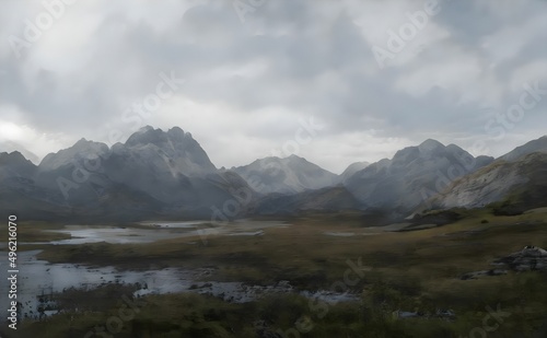 an image of a painting with some water and mountains in the background 