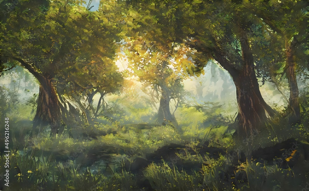 a painting of a lush forest on a sunny day a painting of a lush forest on a sunny day