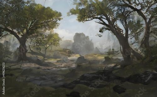 an artistic painting of a mountain scene with trees