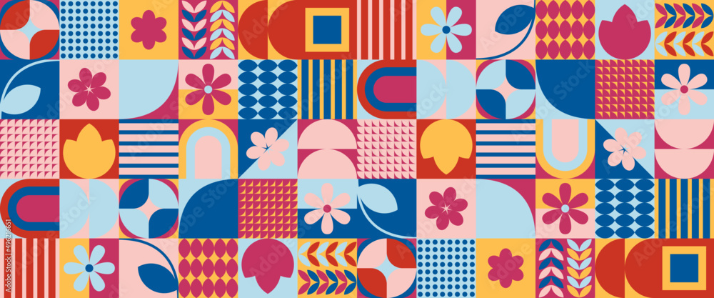 Wiosenna mozaika - abstrakcyjne geometryczne kształty z kwiatowym motywem. Ilustracja wektorowa. - obrazy, fototapety, plakaty 