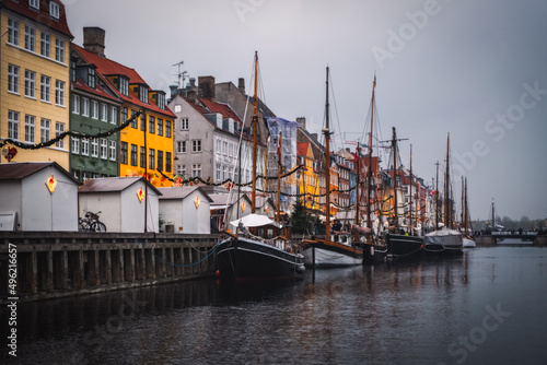 Copenhagen  Denmark on the Nyhavn Canal at sunset. November 2021