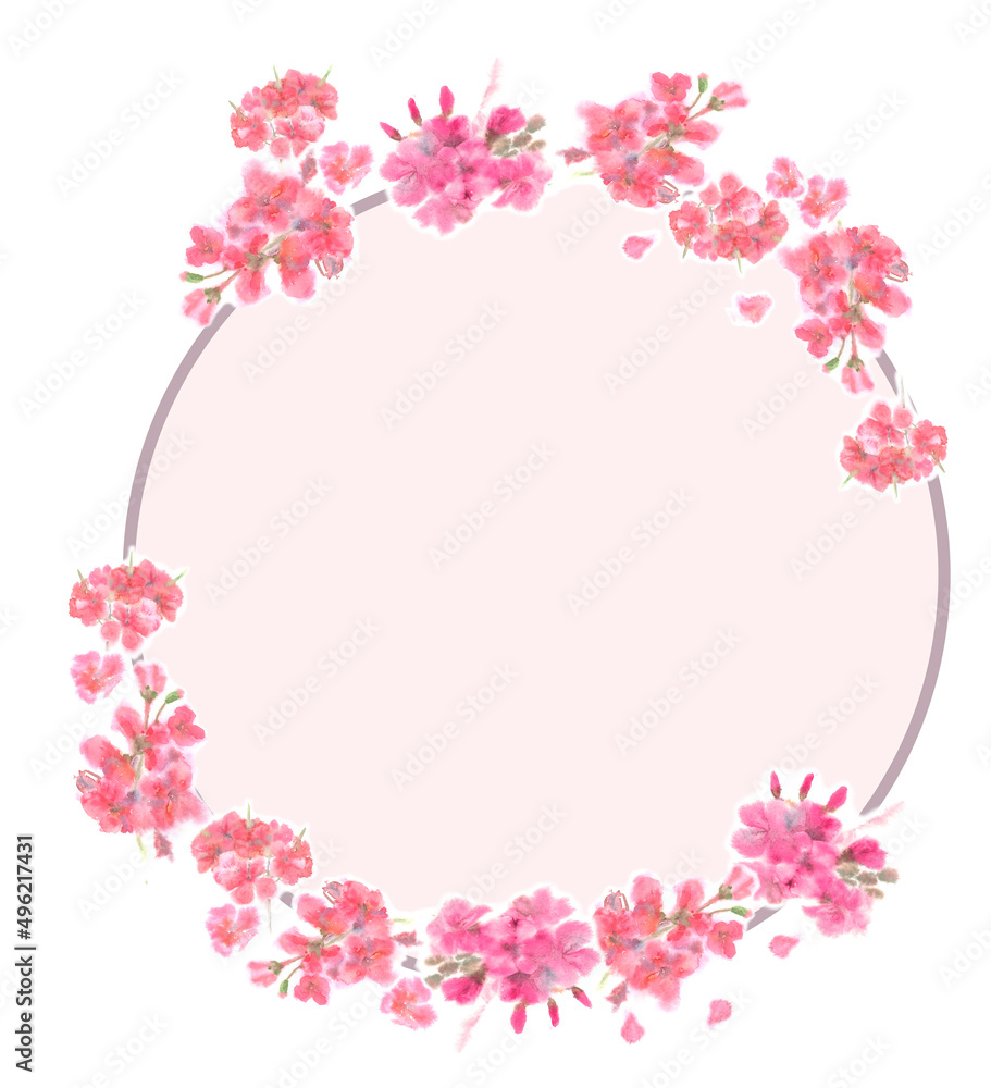 A wreath of pelargonium made in watercolor on a pink background