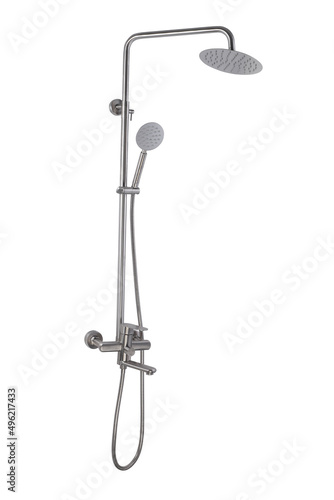 Photo of a shower column on a white background. Bathroom design. Elements in the interior. Water procedures increase the general tone of the body, they are also necessary for daily human hygiene.