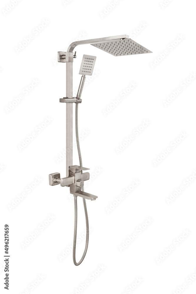 Photo of a shower column on a white background. Bathroom design. Elements in the interior. Water procedures increase the general tone of the body, they are also necessary for daily human hygiene. Photo of a shower column on a white background. Bathroom design. Elements in the interior. Water procedures increase the general tone of the body, they are also necessary for daily human hygiene.