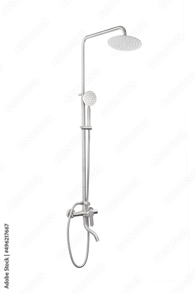 Photo of a shower column on a white background. Bathroom design. Elements in the interior. Water procedures increase the general tone of the body, they are also necessary for daily human hygiene. Photo of a shower column on a white background. Bathroom design. Elements in the interior. Water procedures increase the general tone of the body, they are also necessary for daily human hygiene.