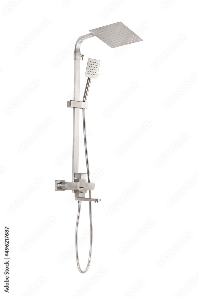 Photo of a shower column on a white background. Bathroom design. Elements in the interior. Water procedures increase the general tone of the body, they are also necessary for daily human hygiene. Photo of a shower column on a white background. Bathroom design. Elements in the interior. Water procedures increase the general tone of the body, they are also necessary for daily human hygiene.