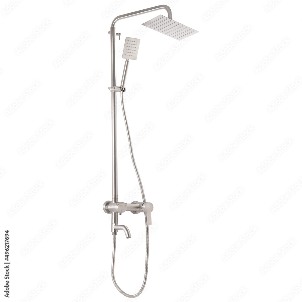 Obraz premium Photo of a shower column on a white background. Bathroom design. Elements in the interior. Water procedures increase the general tone of the body, they are also necessary for daily human hygiene.