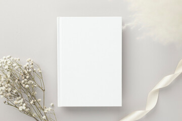 White book blank cover mockup on a beige background with dry flower, flat lay, mockup