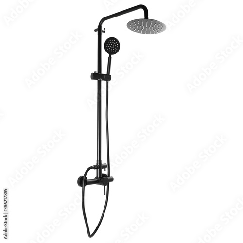 Photo of a shower column on a white background. Bathroom design. Elements in the interior. Water procedures increase the general tone of the body, they are also necessary for daily human hygiene.