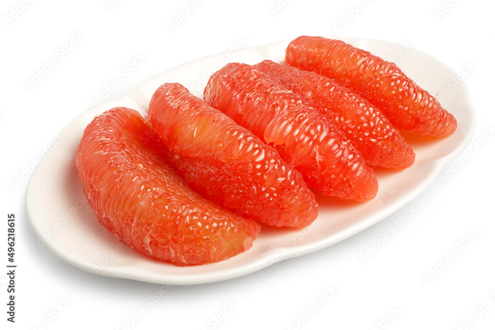 Red Pomelo or Grapefruit called Tabtim Siam in Thai, a sweet taste fruit with bright color planted in Asia, arranged beautifully on a white plate isolated on white background. Clipping path
Red Pomelo or Grapefruit called Tabtim Siam in Thai, a sweet taste fruit with bright color planted in Asia, arranged beautifully on a white plate isolated on white background. Clipping path