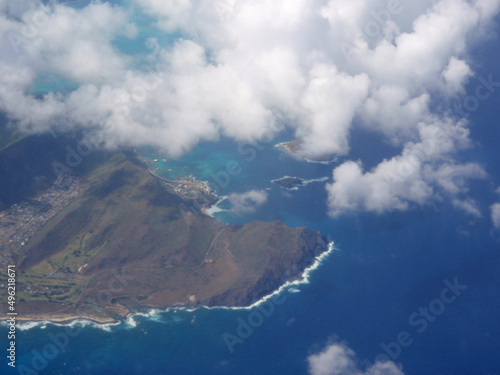Aerial view of Rabbit and, Rock Islands, Makapuu, Sea Life Park, clouds and Pacific Ocean