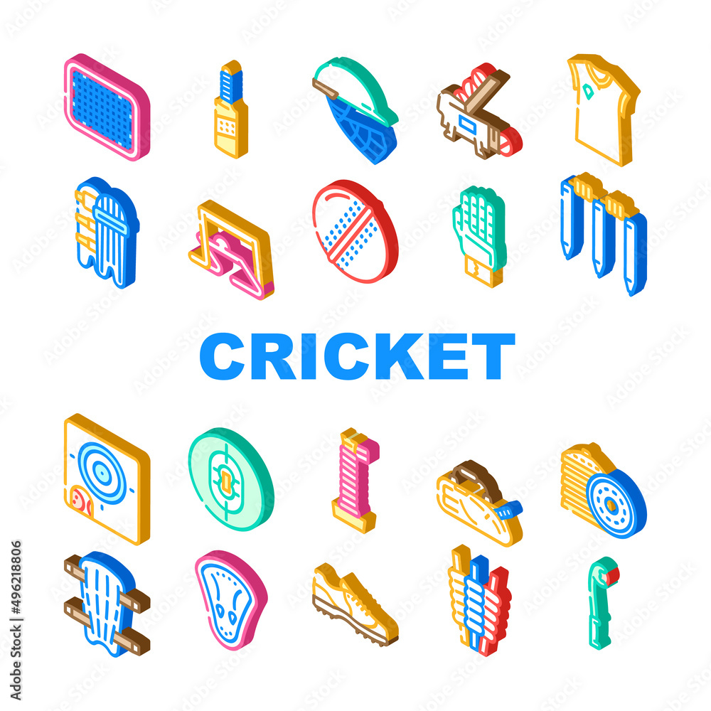 Cricket Sport Game Accessory Icons Set Vector. Cricket Ball And Bat, Grid And Sidearm Equipment, Player Protective Helmet And Leg Protect Bandage, Sweater And Boot. Isometric Sign Color Illustrations