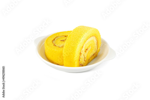 Sliced pieces of durian sweet roll cakes putting on white ceramic plate isolated on white background.  
