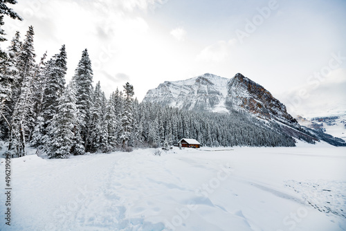 Incredible mountain landscape in Banff, Lake Louise area during winter time with snow covering the amazing tourist destination area. 