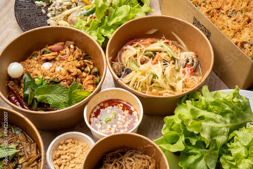 Spicy salad, spicy Thai food, mixed on the table, Collection set of Spicy salad (Yum Thai style) Traditional spicy -hot seafood, Thai food. Thai cuisine delicious food popular