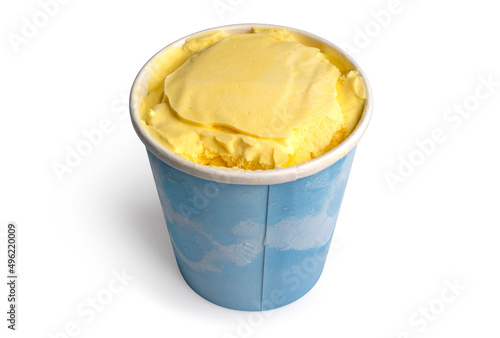 pint of mango ice cream isolated on white background. photo