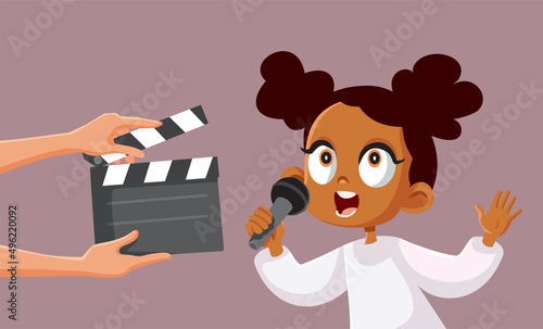 Little Girl Singing in front of the Camera Vector Cartoon Illustration