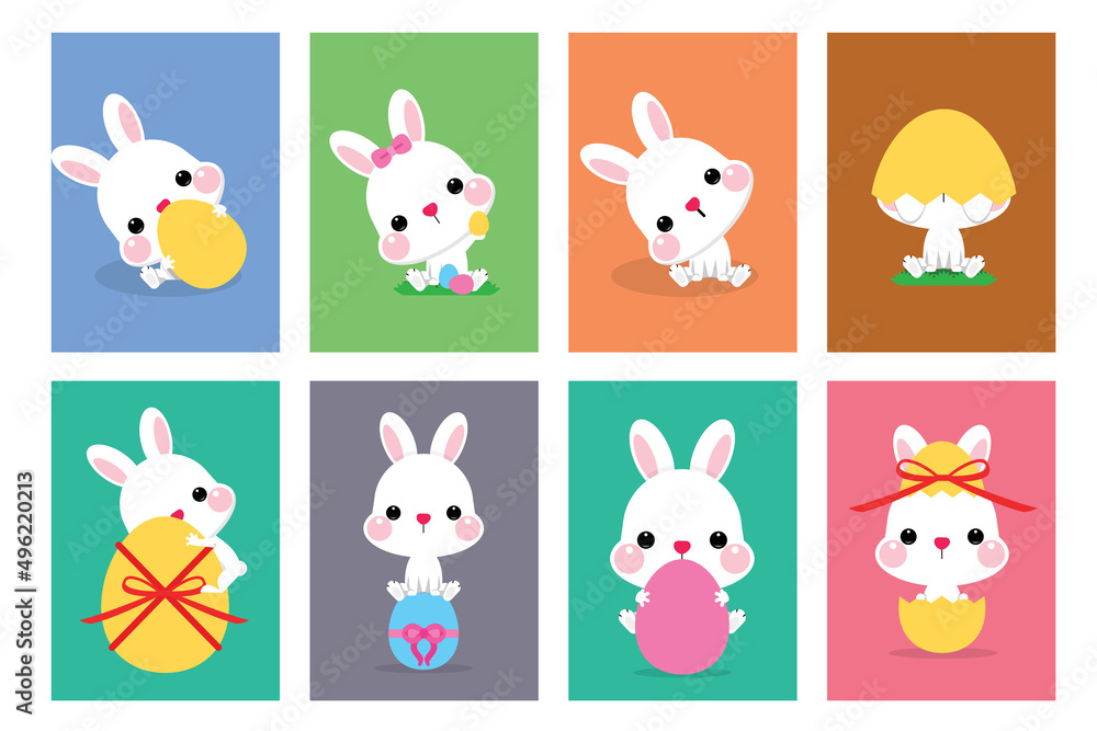 Naklejka premium Happy Easter vector illustrations of bunnies, rabbits with Easter egg for Easter card, banner, greeting cards, posters, holiday cover. 