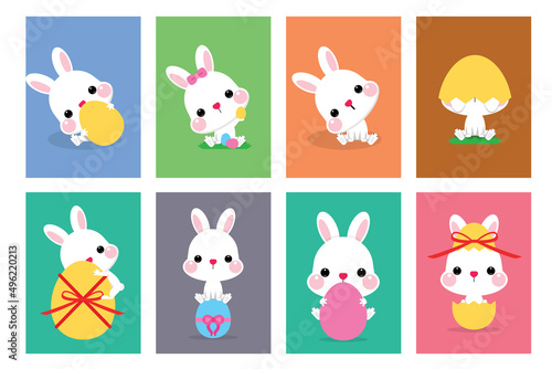 Happy Easter vector illustrations of bunnies  rabbits with Easter egg for Easter card  banner  greeting cards  posters  holiday cover. 