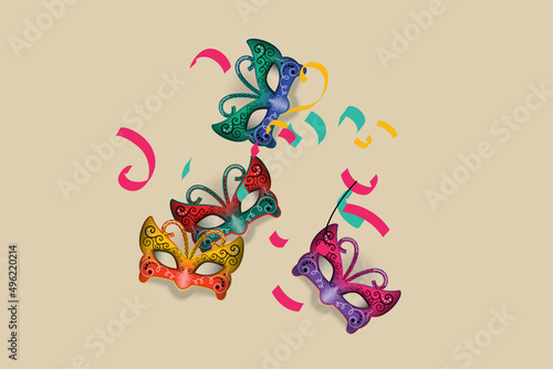 Masquerade party masks. Carnival masks. For poster, placard, wallpaper, backdrop and web site. Vector illustration.