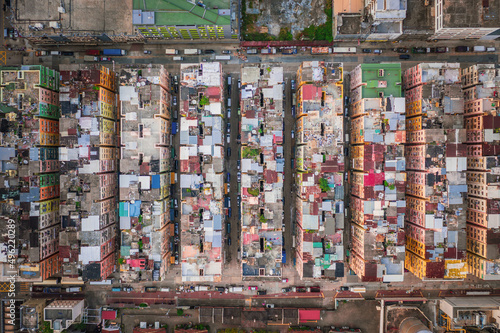 tokwawan, Top view, roof top of old apartments in Kowloon, Hong Kong, aerial view