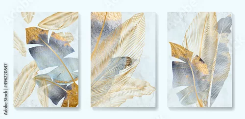 Obraz Art background with golden and blue leaves or feathers in art line style. Set of watercolor prints for wallpaper, interior design, decor, packaging