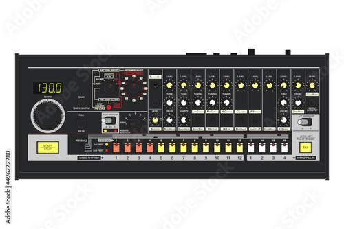 Classic drum machine instrument on white background. Analog synth. Vector illustration.