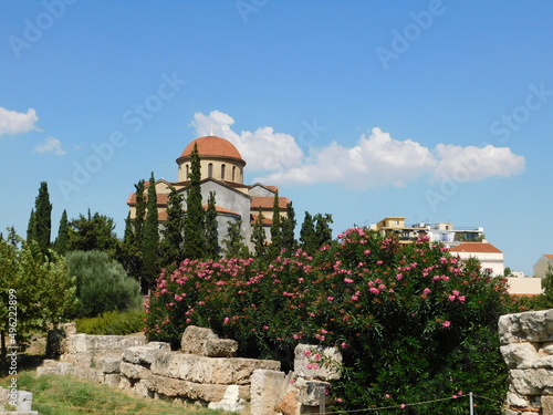 September 2018, Athens, Greece. Ancient ruins in the cemetery of Keramikos. View of the archeological site. The Eridanos river flowing through it photo