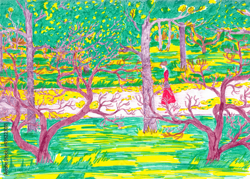 autumn landscape and a lonely girl among yellow foliage drawing with markers