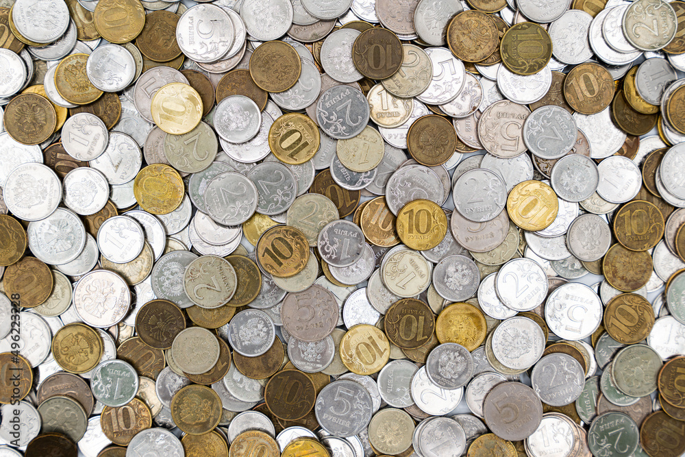Russian coins, rubles. Background and texture of Russian money Russian coins, rubles. Background and texture of Russian money