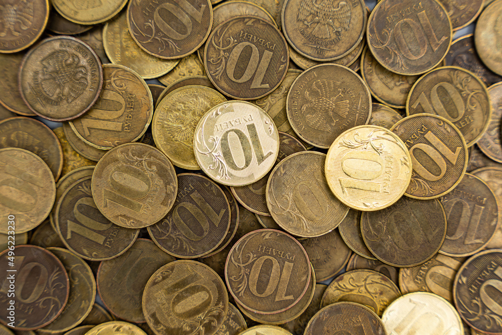 Russian coins, rubles. Background and texture of Russian money Russian coins, rubles. Background and texture of Russian money