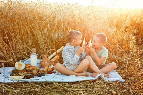 Children on a picnic in the countryside. The boys are sitting on a blanket with food in a wheat field. The child holds a slice of melon as a smile. They look at each other.