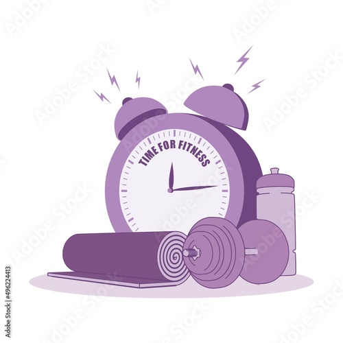 Gym training and home exercising and fitness equipment. Dumbbell, yoga mat and bottle. Tools for healthy lifestyle and wellbeing. Alarm clock with time for fitness text.