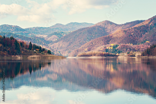 Zaovine Lake landscape in autumn. Tara National Park in Serbia during fall