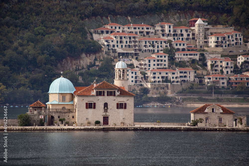Beautiful view of Perast town on misty morning at Kotor Bay, Montenegro
