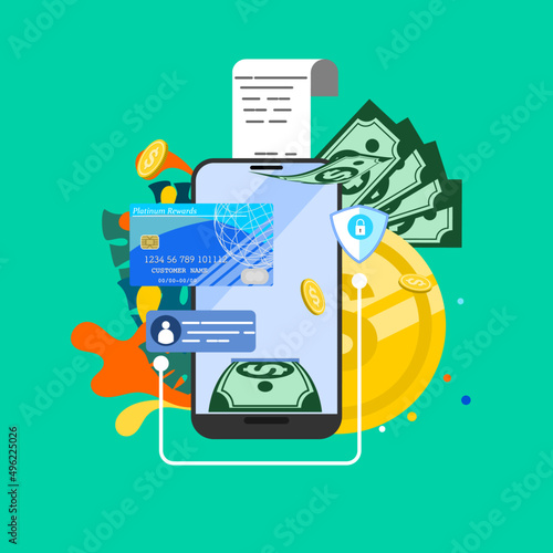 Mobile phone payments. Internet shops. online store Web purchases and payments and security Smartphone currency design element. Flat design vector illustration