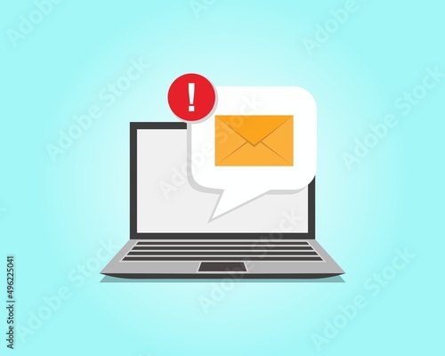 Email message on screen in laptop. Message reminder concept. Envelope sign in speech bubble on laptop