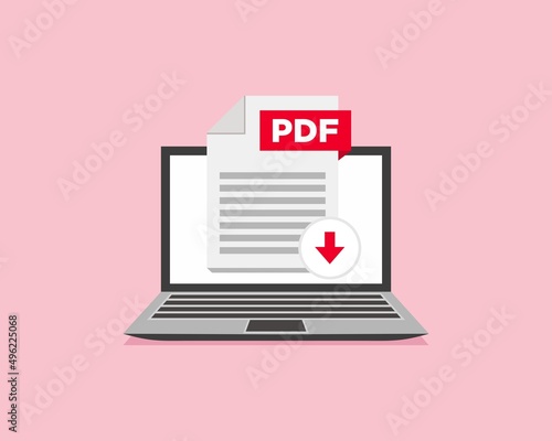 Download PDF icon file with label on laptop screen. Downloading document concept